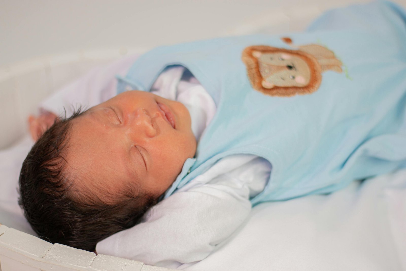 A serene newborn baby sleeps peacefully in a light blue outfit with animal designs.
